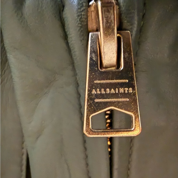 All Saints Dalby Biker 100% lamb leather moto jacket sage green size 6 NWT - Picture 13 of 14